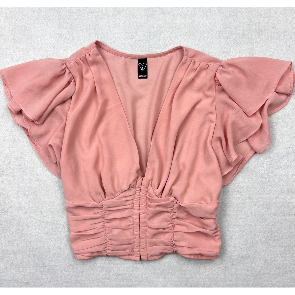 Windsor Flutter Sleeve Crop Top Womens Small Mauve Pink Plunging Ruched Blouse
